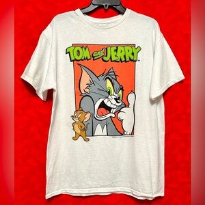 Vintage Tom and Jerry Graphic T-Shirt White Delta Pro-Weight Large Cat Mouse